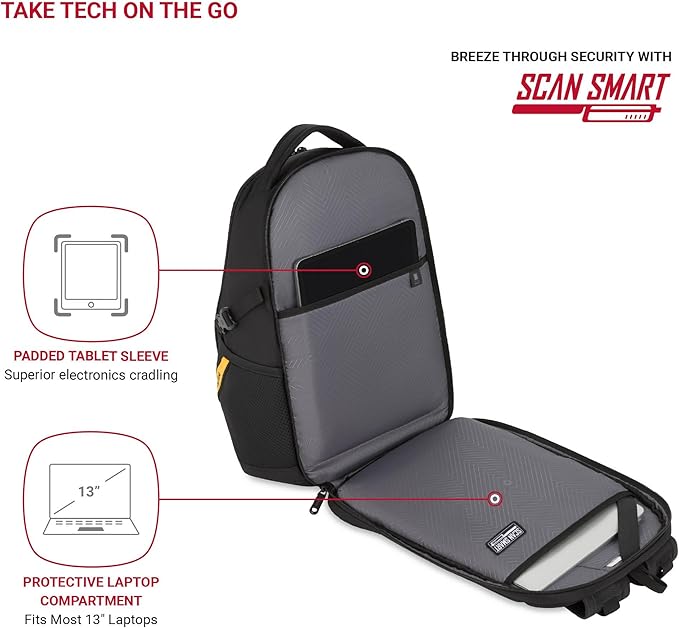 SwissGear 1900 Mini ScanSmart 16-Inch Backpack, Fits Up to 13-Inch Laptop, RFID Protection & ScanSmart TSA-Friendly Compartment, Black/Yellow