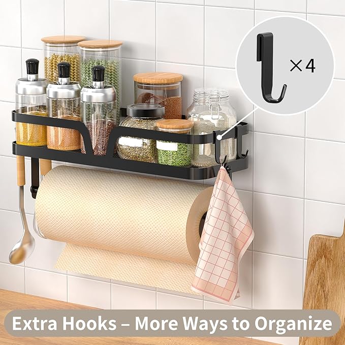 YIGII Wall Mounted Paper Towel Holder with Shelf, 2-in-1 Wall Mount Paper Towel Roll Holder, Adhesive Spice Rack with 4 Hooks for Kitchen, Garage and Tool Room, Black