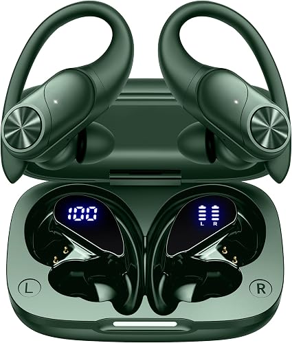 PocBuds Bluetooth Headphones Wireless Earbuds 80hrs Playtime Wireless Charging Case Digital Display Sports Ear Buds with Earhook Deep Bass IPX7 Waterproof Over-Ear Earphones for TV Phone Laptop Olive