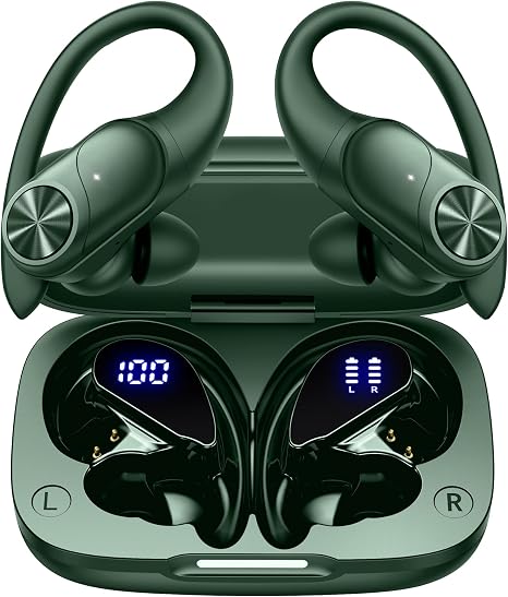 PocBuds Bluetooth Headphones Wireless Earbuds 80hrs Playtime Wireless Charging Case Digital Display Sports Ear Buds with Earhook Deep Bass IPX7 Waterproof Over-Ear Earphones for TV Phone Laptop Olive