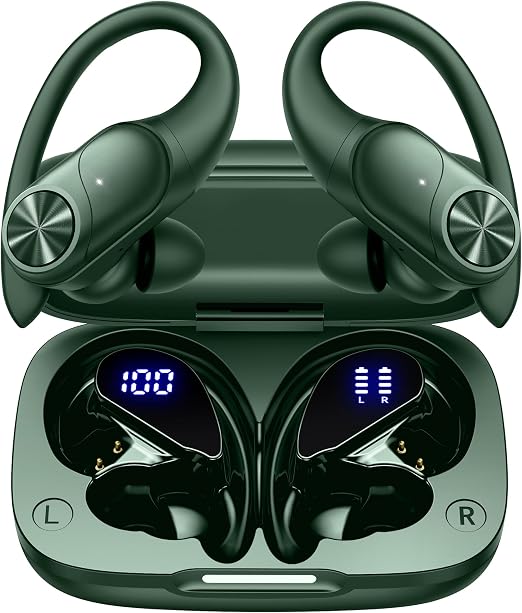 PocBuds Bluetooth Headphones Wireless Earbuds 80hrs Playtime Wireless Charging Case Digital Display Sports Ear Buds with Earhook Deep Bass IPX7 Waterproof Over-Ear Earphones for TV Phone Laptop Olive