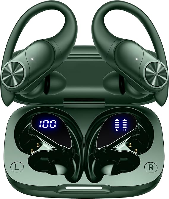 PocBuds Bluetooth Headphones Wireless Earbuds 80hrs Playtime Wireless Charging Case Digital Display Sports Ear Buds with Earhook Deep Bass IPX7 Waterproof Over-Ear Earphones for TV Phone Laptop Olive
