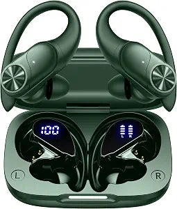 PocBuds Bluetooth Headphones Wireless Earbuds 80hrs Playtime Wireless Charging Case Digital Display Sports Ear Buds with Earhook Deep Bass IPX7 Waterproof Over-Ear Earphones for TV Phone Laptop Olive