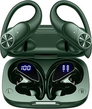 PocBuds Bluetooth Headphones Wireless Earbuds 80hrs Playtime Wireless Charging Case Digital Display Sports Ear Buds with Earhook Deep Bass IPX7 Waterproof Over-Ear Earphones for TV Phone Laptop Olive