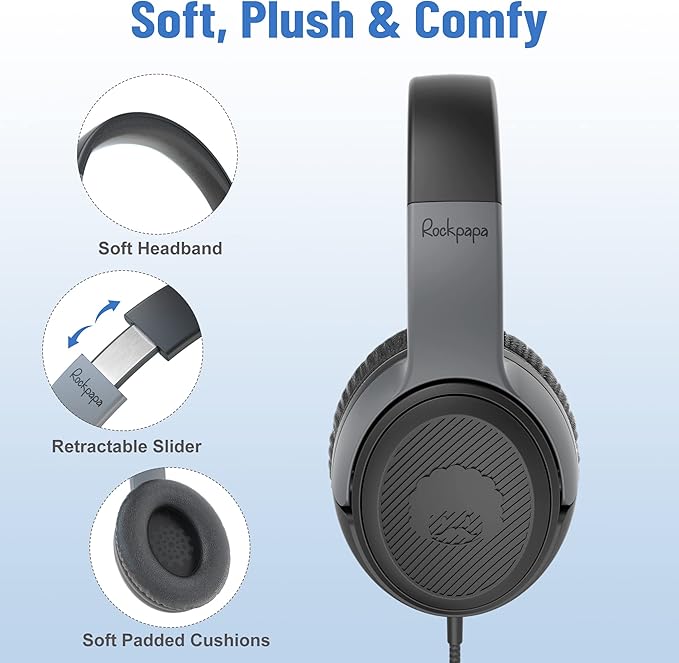 rockpapa Share 1 Kids Headphones Wired with Microphone & Share Port, 85dB/94dB Volume Limited, Cute Foldable Student Child Boys Girls Headphones for School/Classroom/Travel Black/Grey