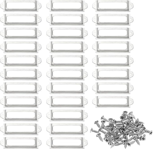 PATIKIL 60x17mm Metal Label Holders, 30 PCS Label Name Card Tag Frames with Screws for Office Library File Cabinets Shelves Wood Drawers Fabric Bins, White Nickel