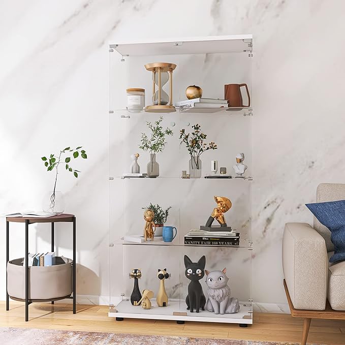 LFT HUIMEI2Y Glass Display Cabinet 4-Shelf with Double Door, Curio Cabinets Fast Installation in 30 Mins, Tempered Glass Floor Standing Bookshelf for Bedroom, Living Room 64.7”x 32”x 14.4” White