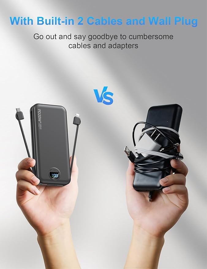 Portable Charger with Wall Plug, 10000mAh USB C Power Bank Fast Charging, External Battery Pack with Built in Cables, Digital Display, 5 Output 4 Input for iPhone Android Cell Phone Tablet
