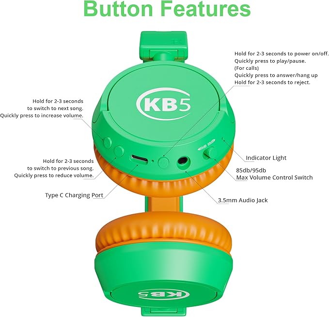 Contixo KB-5 Kids Headphones - Over The Ear Foldable Bluetooth Wireless Headphone for Kids - 85dB with Volume Limited - Toddler Headphones for Boys and Girls (Green+Orange)