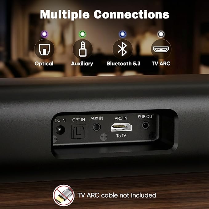 Sound Bar for Smart TV,3.1ch Soundbar with Wired Subwoofer,100W Deep Bass, TV-ARC/Optical/AUX/Bluetooth 5.3 Connect, Surround Sound System for TV PC/Gaming/Projectors
