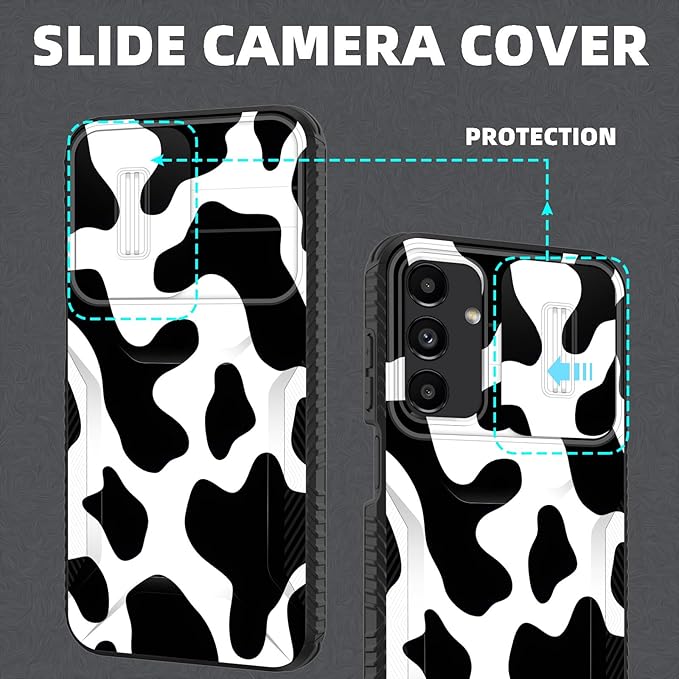 for Galaxy A16 5G Case Built in Slide Camera Lens Cover,Heavy Duty Shockproof Protection Dual Layer Case for Samsung Galaxy A16 5G 6.7" 2024,Cow Print