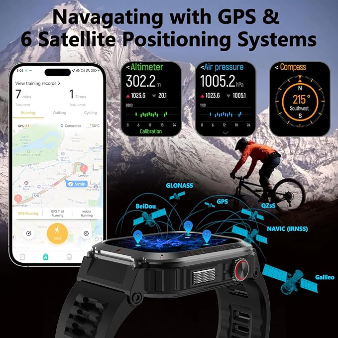 Military GPS Smart Watch for Men Pressure/Altitude/Compass,Fitness Smart Watch for Android Phones and iPhone,Outdoor Waterproof Fitness Tracker with Blood Oxygen/Heart Rate/Sleep/100+ Sport Modes