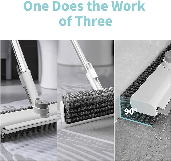 Floor Scrub Brush with Long Handle, 3 in 1 Scrape and Heavy-Duty Stiff Bristle Scrubber Brush for Cleaning Shower Bathroom, Patio, Garage, Kitchen, Wall and Deck (White, 2 Pack)