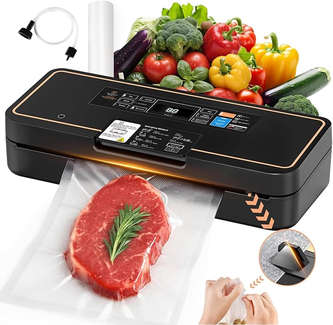 Vacuum Sealer for Food, 95kPa Food Vacuum Saver Sealer Machine, 135W 12L/min Fast-Sealing with Auto Tear-Cut,Digital Timer, Built-in Cutter, Bag Storage and One Bag Roll, 9-in-1 Compact Vacuum Sealer