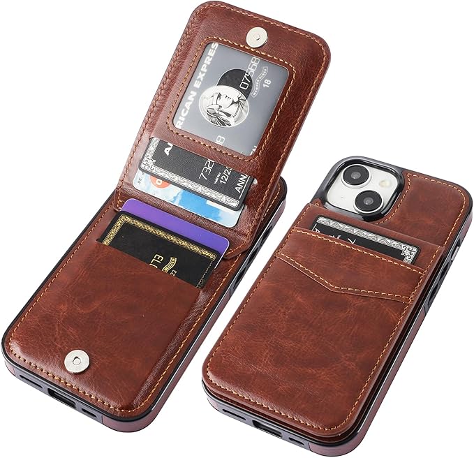 KIHUWEY Compatible with iPhone 15 Case Wallet with Credit Card Holder, Flip Premium Leather Magnetic Clasp Kickstand Heavy Duty Protective Cover for iPhone 15 6.1 Inch (Brown)