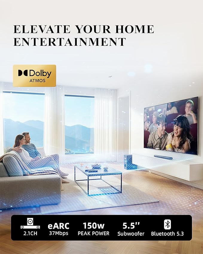 2.1 Dolby Atmos Soundbar with Subwoofer for Smart TV, Dolby Atmos Sound Bar for TV, Surround Sound System for TV, 150W TV Speakers for Smart TV, Bluetooth eARC/Opt/AUX