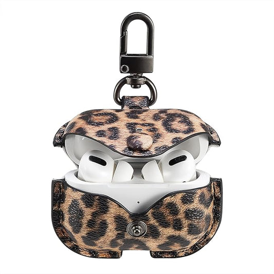 Genuine Leather Case Compatible with AirPods Pro Case 2nd/1st Gen (2023/2022/2019), VOMA Protective Cover for Apple AirPods Pro 2/Pro Wireless Charging Case with Keychain and Snap Lock Leopard