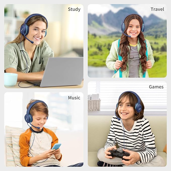 SIMOLIO 2 Pack Kids Headphones with Microphone for PC Laptop with 75/85/94dB Volume Limiting, Noise Cancelling Stereo Wired Headphones Kids with Cord for Boys, Girls, Teens