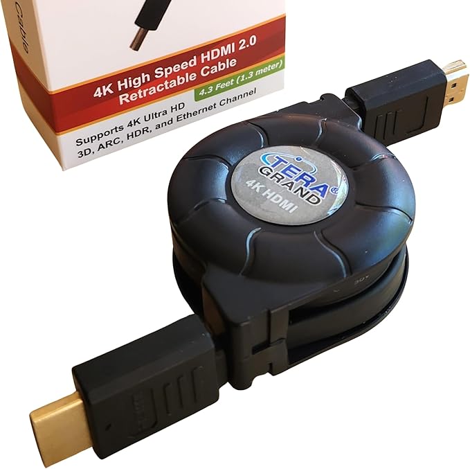 Tera Grand Premium 4K High-Speed HDMI 2.0 Retractable Cable, Extends up to 4.25 feet - Supports 4K Ultra HD, 3D, ARC, HDR, and Ethernet Channel