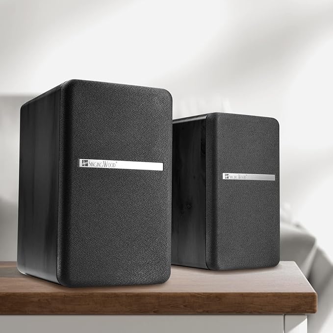 SINGING WOOD BT27 Active Powered Bluetooth Bookshelf Speakers - 60W RMS Studio Monitor Speakers for PC, TV, Turntable - High Fidelity Wooden Enclosure with Remote Control - Black