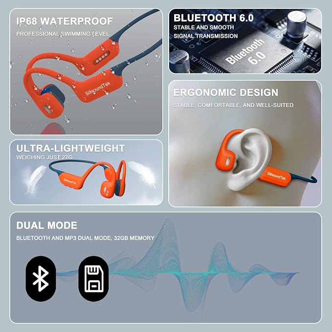 6.0 Bluetooth Swimming Headphones, IP68 Waterproof Bone Conduction Headphones, Liquid Silicone Wireless Open Ear Headphones, Built-in 32GB MP3 Player Underwater Headphone for Running(Orange-gray)