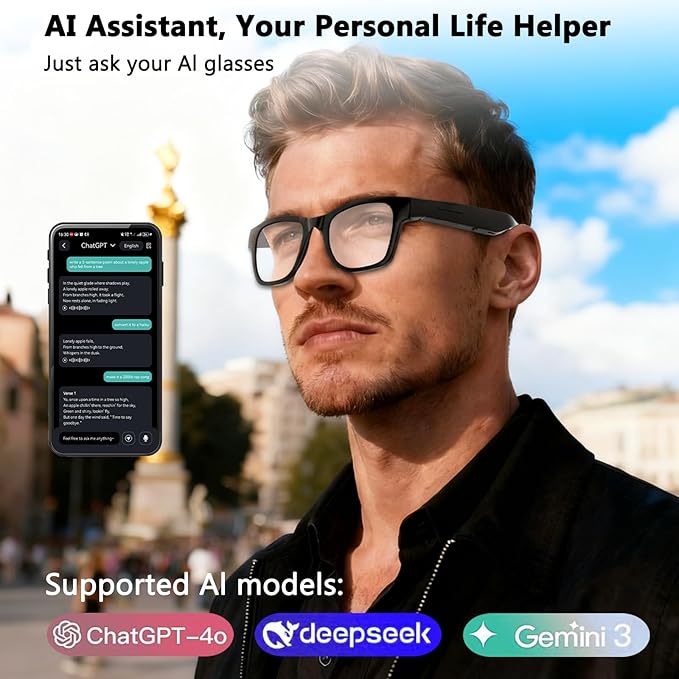 AI Translation Smart Glasses with Chat GPT for Men and Women - Real-time Translator 164 Languages, Music Playback & Hands-Free Calls for Daily Use, Travel