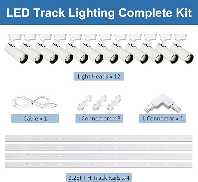 Super Brightness 3000K Warm Light Dimmable Brightness 25W 2000lm White H Type LED Track Lighting Kit System with 13 FT Track Rails, Ceiling Spotlight Fixture with Installation Package