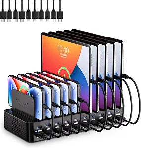 20-Port 270W Charging Station for Multiple Devices with 10 Charging Cables