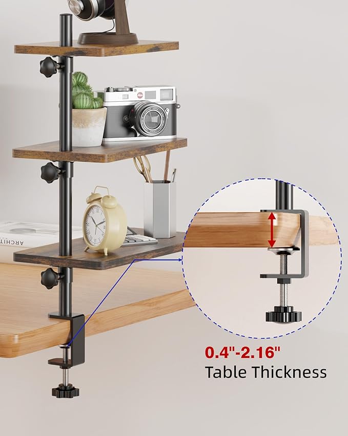 3 Tiers Clamp On Desk Shelf, 360¡ã Angle Adjustable Desktop Shelf Organizer for Home Office Gaming Room, No Drill Desk Extender Adapt to 0.4-2.16 inches Table Thick, Black Brown