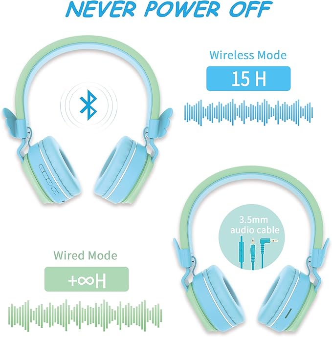 Riwbox BT05 Bluetooth Kids Headphones Wireless Foldable Headset Over Ear with Volume Limited and Mic/TF Card Compatible for iPad/iPhone/Tablet (Green&Blue)