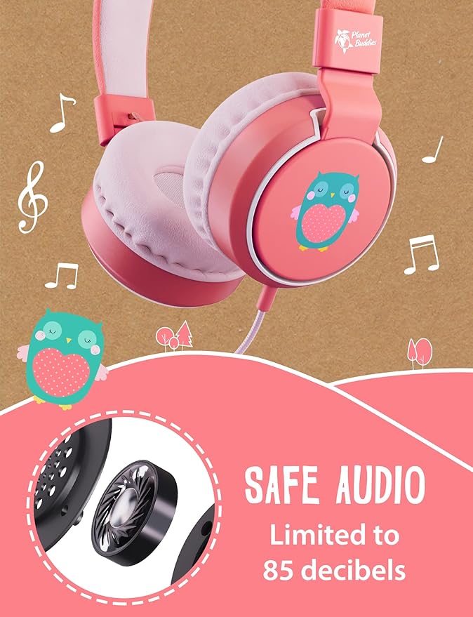 Planet Buddies Kids Headphones, On Ear Wired Headphones for Kids, 85db Volume Limiter, Safe Foldable Wired Earphones for Kids with Microphone, Kids Headset for School, Travel, Pink Owl