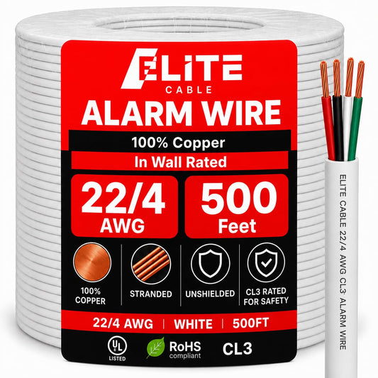 Elite 22-4 Stranded Alarm Wire - 500ft, CL3, in Wall, OFC Oxygen Free Copper, UL Listed, Premium 22/4 Alarm Cable, Low Voltage (White)