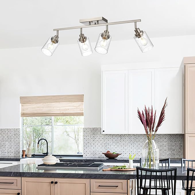4-Light Brushed Nickel Kitchen Track Lighting Fixtures Ceiling Mount Track Lighting Kit with Bubble Seeded Glass Shade Modern Bathroom Tracking Vanity Lights Ceiling Tracking Accent Shop Light