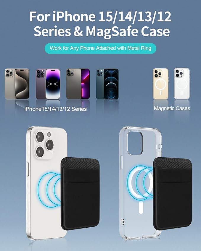 Senose Magnetic Wallet Compatible for Magsafe, Stretchy Magnet Phone Wallet Card Holder for Back of Phone Compatible for iPhone 16/15/14/13/12 Mini/Plus/Pro/Pro Max, (Black)
