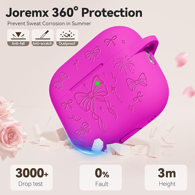 for Airpods Pro 3 Case Cover, Joremx Cute Bow Engraved Silicone Protective Case Cover with Keychain, Cleaner Kit for Airpods Pro 3rd Generation 2025 (Fluorescent Rose Red)