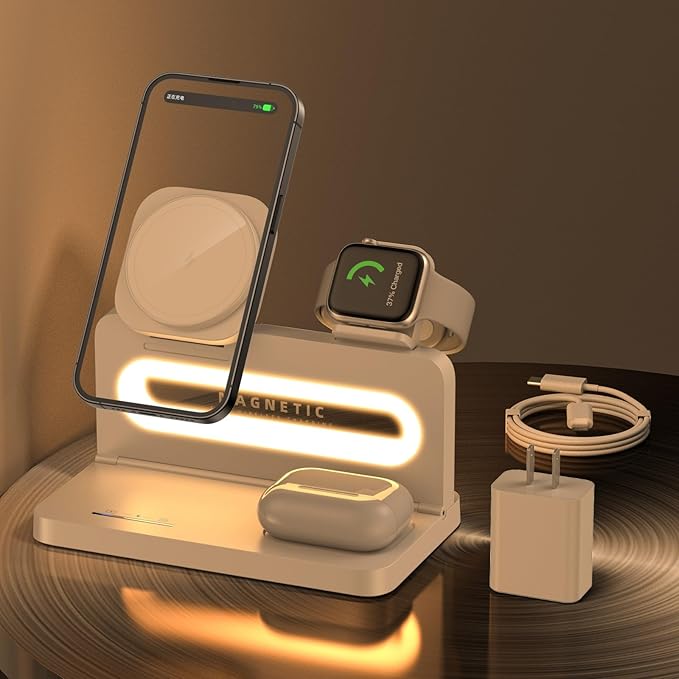3 in 1 Wireless Charging Station for Apple MagSafe Charger,Magnetic Wireless Charger Stand for iPhone 16 15 14 13 12,Foldable Nightstand Charging Dock for Apple Devices iWatch,AirPods with Night Light