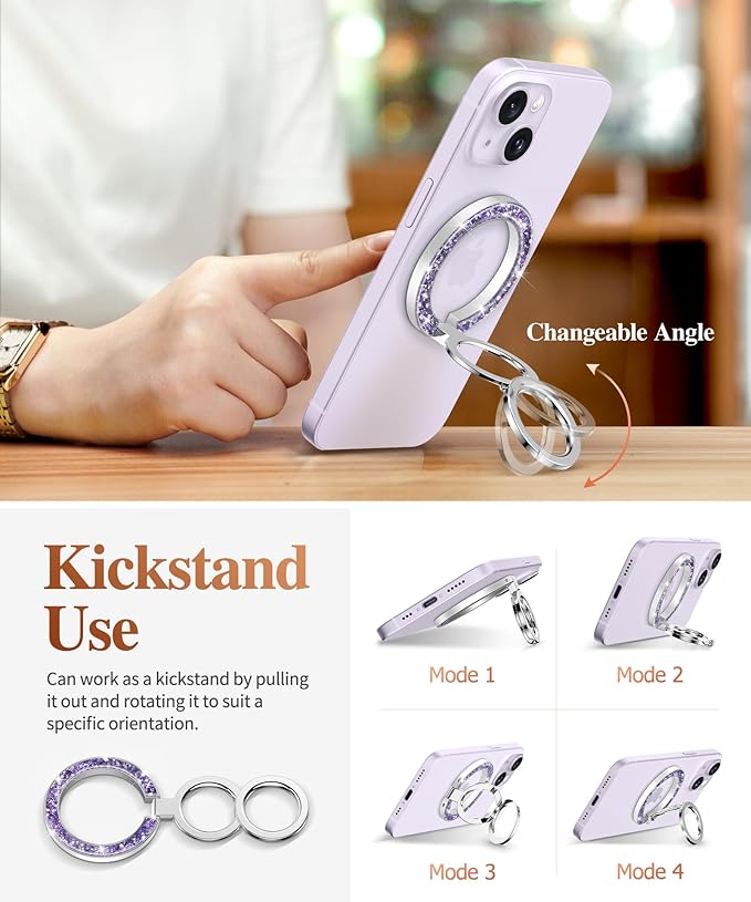 GVIEWIN Magnetic Phone Ring Holder, Compatible with MagSafe Phone Grip with Adjustable Stand, Magnet Phone Ring Kickstand for iPhone 17/16/15/14/13/12 Pro Max Plus Air/Other Phones (Glitter/Purple)