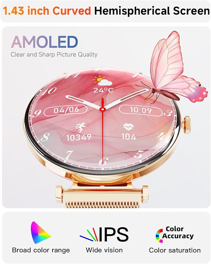 Hwagol Smart Watch for Women with Android iPhone Compatible[Calls/Metal Thin Body],1.43" Micro-Spherical AMOLED Screen,Sports Watch with Sleep/Heart Rate Monitor,Pedometer for Steps Miles