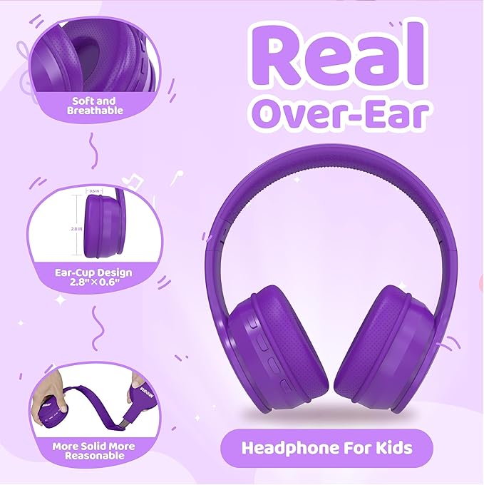 MIDOLA Kids Headphones Bluetooth 5.4 Wireless 68H Play Time Volume Limit 85/94dB Over-Ear Foldable Headset,Type-C Fast Charging, Wired Aux Mic for Toddler Child Pad Tablet Purple