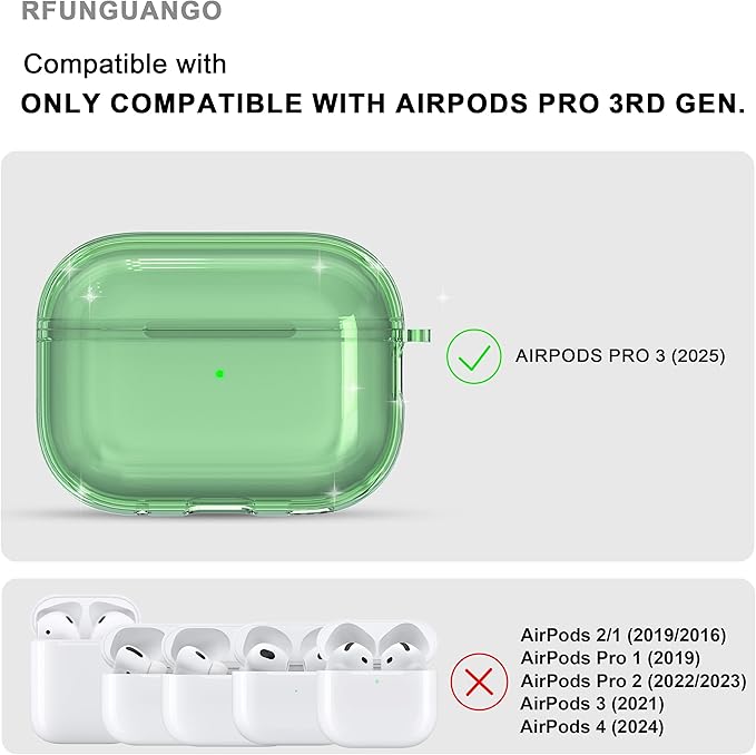 RFUNGUANGO AirPods Pro 3 Case Clear, Soft TPU Transparent with Cleaning Kit & Keychain, Compatible with Magsafe, Compatible Apple AirPods Pro 3rd (2025) Generation Protective Case, Green