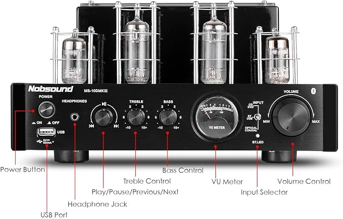 Nobsound MS-10D MKIII HiFi Bluetooth Hybrid Tube Power Amplifier Stereo Subwoofer Amp USB/Opt/Coax