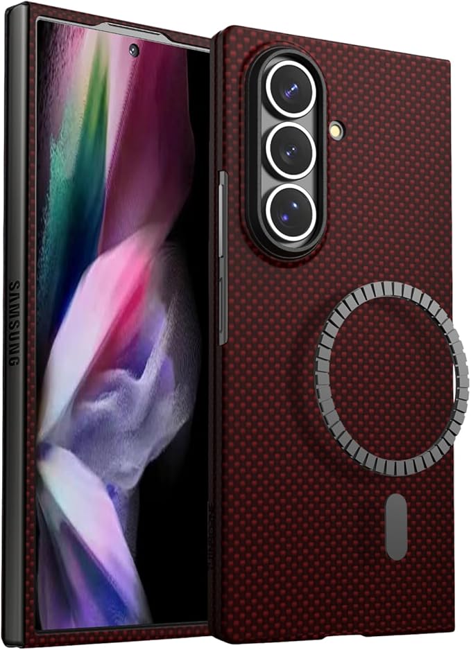 Thinborne Compatible with Samsung Galaxy Z Fold 7 Case, [600D Aramid Fiber] [Magnetic] [Ultra Thin] [Minimalist Style] [Carbon Fiber Textures] - Red