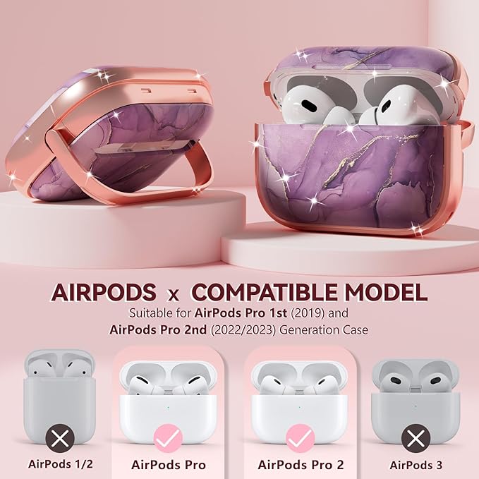 Inesore for AirPods Pro 2nd Generation Case Cover with Lock, Flowers Cute Air Pods Pro 2 Case Hard iPod Pro Cases for Women Girls with Cleaner Kit (2023 USB-C /2022/2019) -Purple Gold Marble