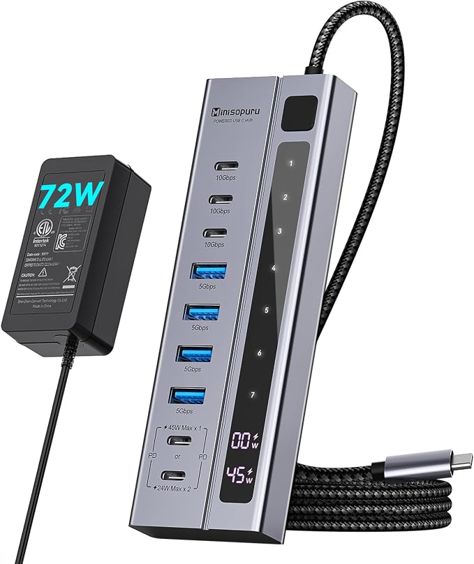 Minisopuru 9-in-1 Powered USB C Hub 10Gbps, MAX 45W Charging, 72W Adapter - Image 8