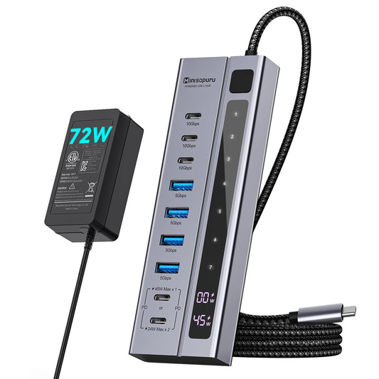 Minisopuru 9-in-1 Powered USB C Hub 10Gbps, MAX 45W Charging, 72W Adapter