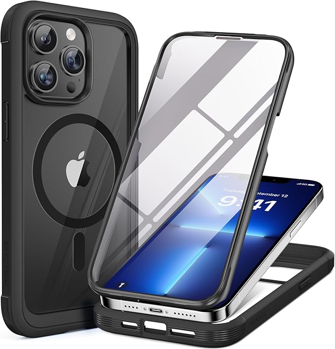Miracase Magnetic for iPhone 13 Pro Max Case 6.7 inch, (Compatible with MagSafe) Upgrade Full-Body Clear Phone Bumper Case with Built-in 9H Tempered Glass Screen Protector, Magnetic Classic Black