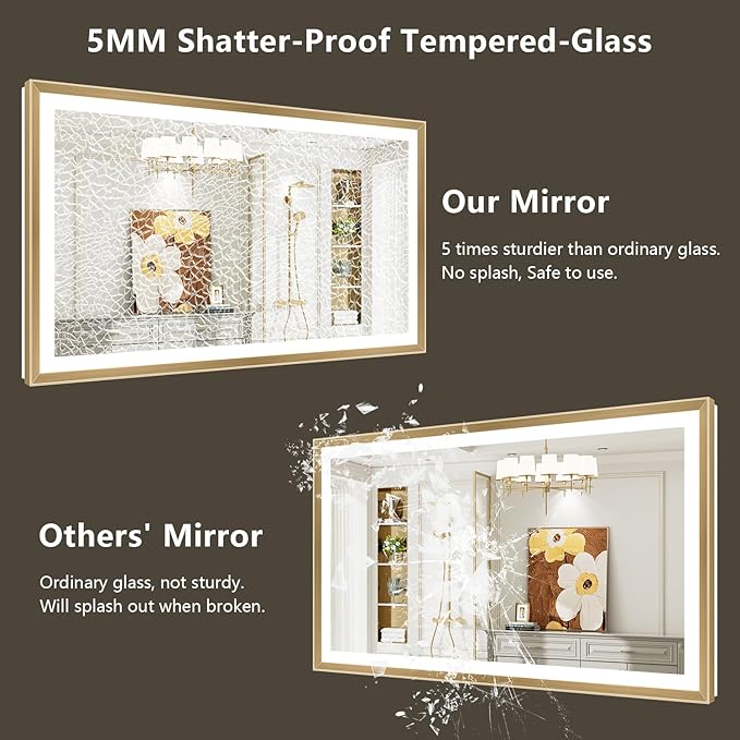 48x32 Gold Framed LED Bathroom Mirror with Lights, Backlit and Front Light, Lighted Bathroom Vanity Mirror for Wall Dimmable Anti-Fog Memory Tempered Glass Horizontal/Vertical