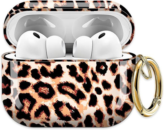 Cute Hard Case Compatible with AirPods Pro 3rd Generation Case (2025), Shockproof Protective Cover with Golden Keychain Ring Clip (Brown Leopard)