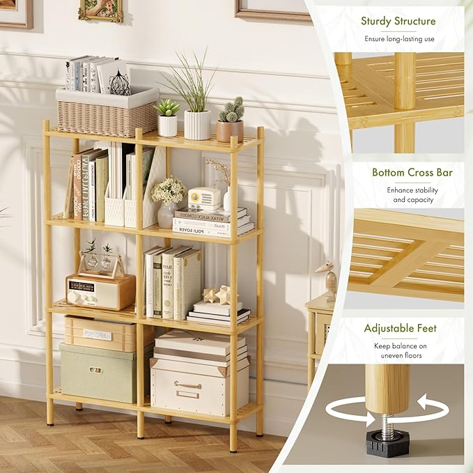 4 Tier Bookshelf, Bamboo Bookcase with Shelves, 8 Open Display Bookshelves Storage Organizer, Industrial Book Shelf Standing Shelf Unit for Bedroom, Living Room, Bathroom, Home Office