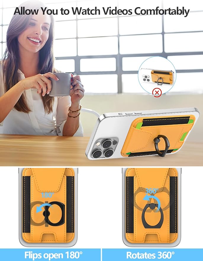 For Magsafe Wallet with Grip, 6-Card Holder, Stronger Magnetic Card Wallet Holder for iPhone 17/16/15, iPhone 14/13/12 Series, Leather Magnetic Phone Wallet with Privacy Flap, RFID Blocking, Yellow